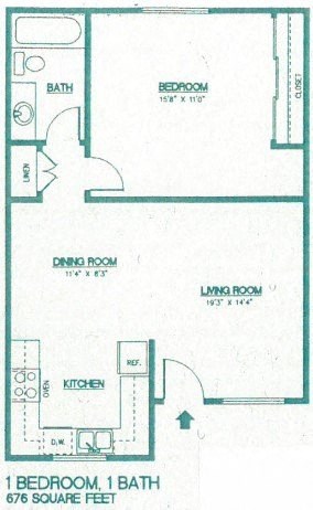 Floor plan for 1 bed, 1 bath, 676 sqft